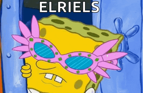 a cartoon of spongebob wearing pink glasses with the word elriels written on it