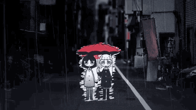 a black and white drawing of two people holding an umbrella