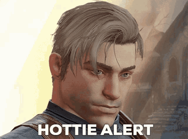 a close up of a man with the words hottie alert below him