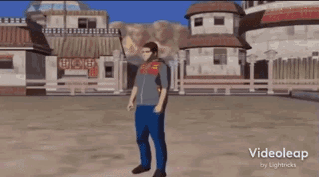 a man in a video game is waving his hand in front of a village