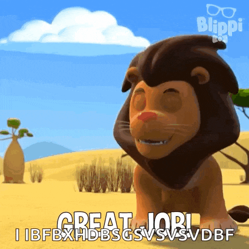 a cartoon lion is sitting in the desert and smiling .