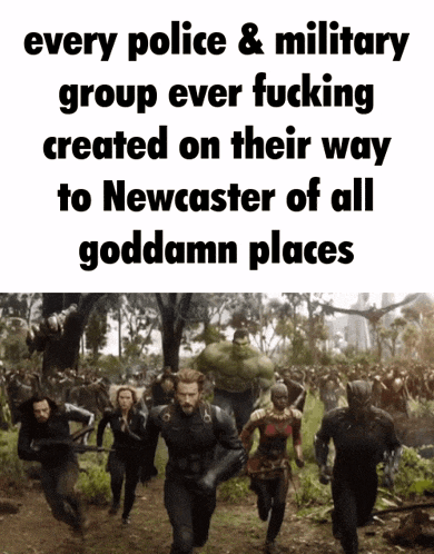 a group of people running through a forest with the caption every police and military group ever fucking created on their way