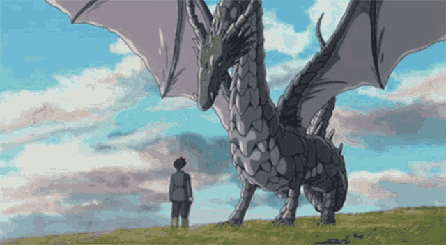 a man is standing next to a large dragon on a grassy hill