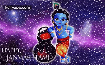 a happy janmashtami greeting card with a cartoon of a baby krishna