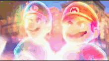 two mario brothers are standing next to each other in a video game .