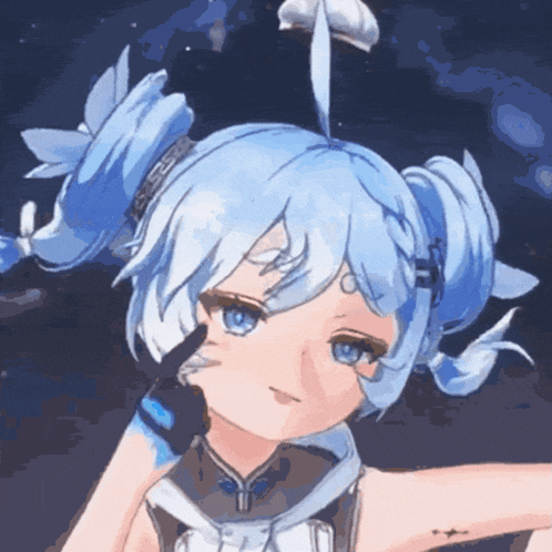 a close up of a girl with blue hair