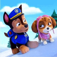 chase and skye from paw patrol are sitting next to each other on a snowy hill .