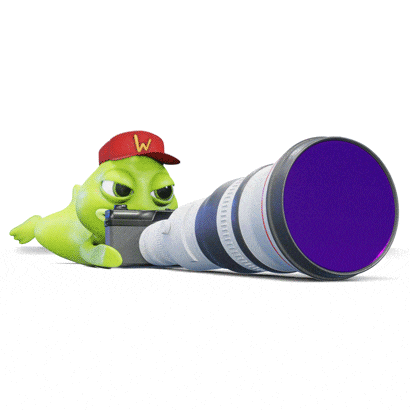 a green cartoon character wearing a red hat with the letter w on it looking through a telescope