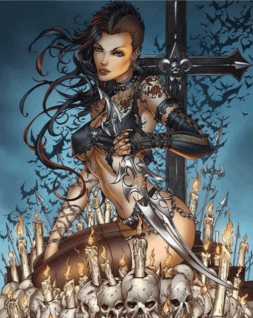 a naked woman is holding a sword in front of a cross and candles