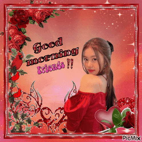 a woman in a red dress is surrounded by red roses and hearts and says good morning friends