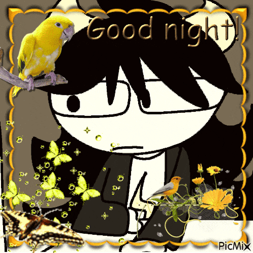 a picture of a cartoon character with a yellow parrot on his head and the words good night