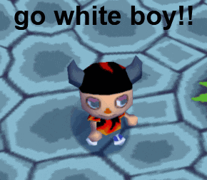 a cartoon character with horns and the words go white boy below him