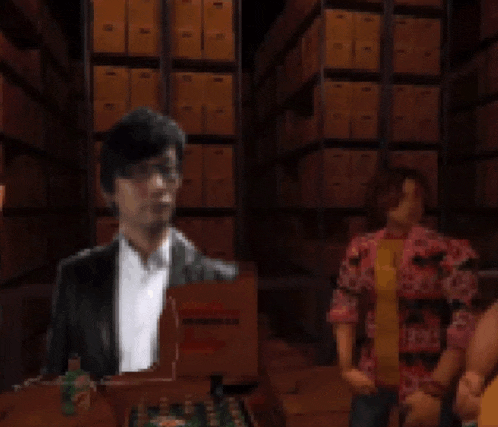 a pixelated image of a man in a warehouse with the words i am real hideo kojima industry