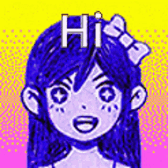 a cartoon girl with blue hair and a bow in her hair is smiling and saying hi .