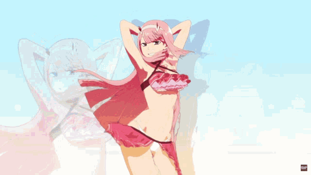 a cartoon of a girl in a bikini with the word zero two on the bottom right