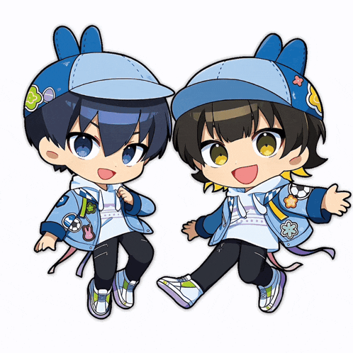 two anime characters wearing blue hats with bunny ears are standing next to each other