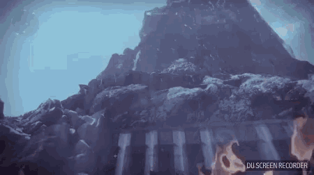 a video game scene with a mountain in the background