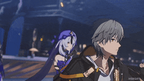 a group of anime characters are standing next to each other with the words hsrgifs in the lower right corner
