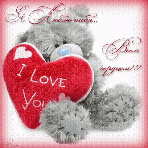a teddy bear holds a red heart that says i love you
