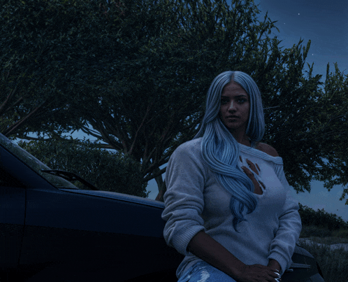 a woman with blue hair is standing next to a car at night