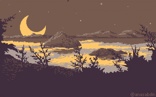 a pixel art of a lake at night with a crescent moon in the sky