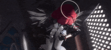 a cartoon character with red hair and a halo on her head is standing in a dark room .