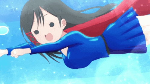 a girl in a blue dress and red cape is flying in the air