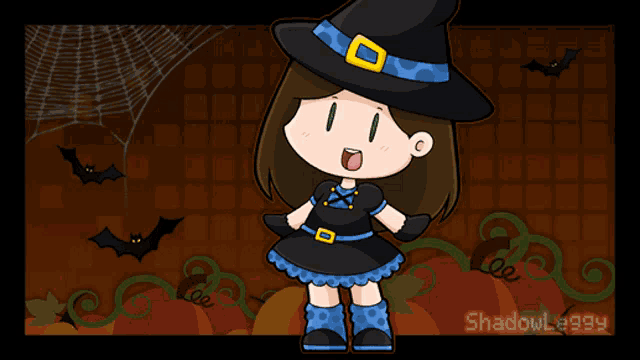 a cartoon of a girl dressed as a witch with the name shadowleggy on the bottom