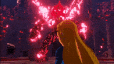 a video game scene with a woman standing in front of a red monster