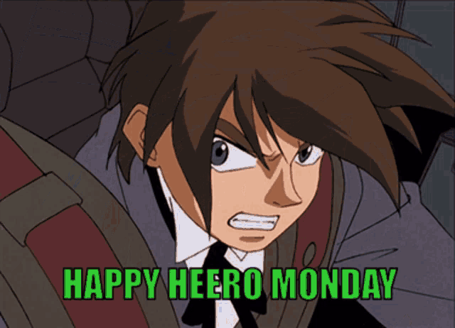 a cartoon of a man with the words happy heero monday below him