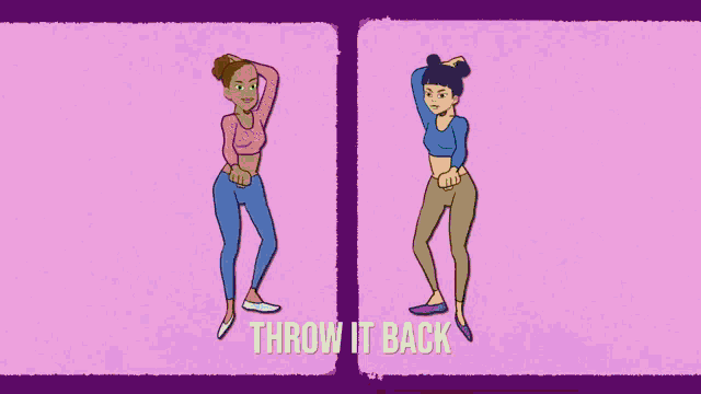 a cartoon of two women with the words " throw it back " on the bottom