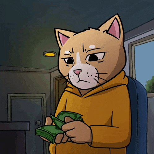 a cat in a yellow hoodie holds a stack of money