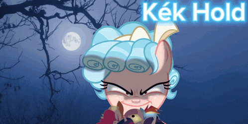 a cartoon of a pony with the word kek hold above her head