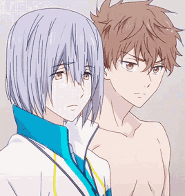 two anime characters are standing next to each other and one of them is a shirtless man