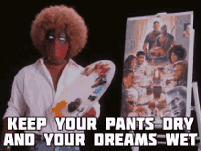 a man in a deadpool mask is holding a palette in front of a painting of a group of people ..