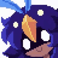 a pixel art drawing of a blue bird with a yellow beak and white eyes .