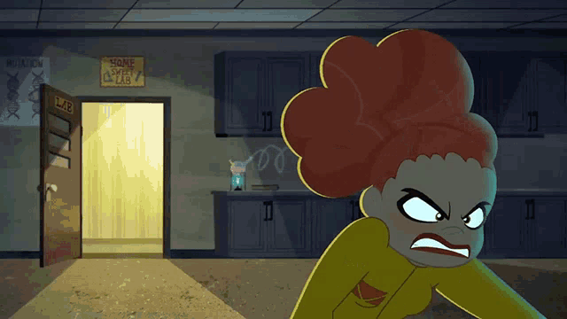 a cartoon character is standing in front of a science lab