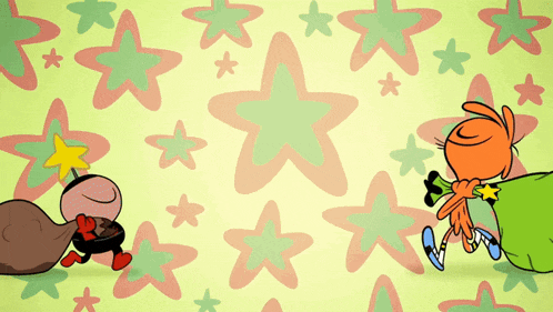 two cartoon characters are standing in front of a pattern of stars on a green background