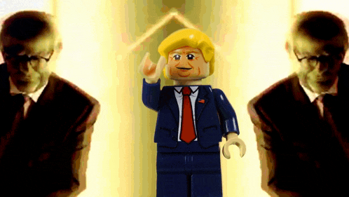a lego figure of donald trump is standing in front of two men in suits and ties