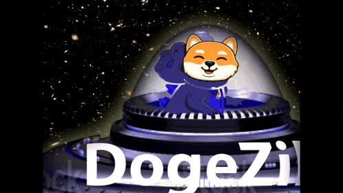 a cartoon dog is sitting in a space ship with the word doge zi written below it