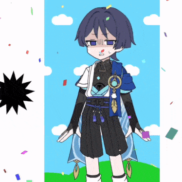 a cartoon drawing of a boy with purple hair and a black star in the background