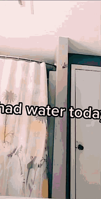 a bathroom with a shower curtain and the words " had water today " on the bottom