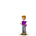 a man in a purple vest is standing in front of hearts flying in the air