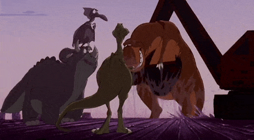 a group of dinosaurs are standing next to each other in front of a building