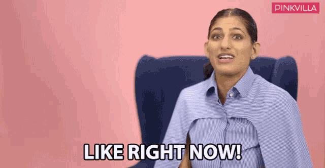 a woman sitting in a chair with the words like right now behind her