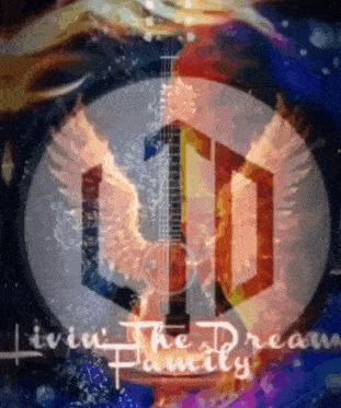 a logo for livin the dream family with a guitar and wings