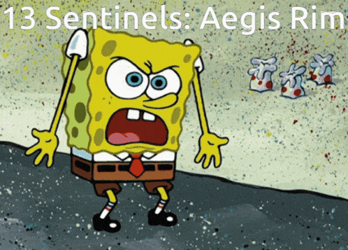 a cartoon of spongebob with the text 13 sentinels aegis rim