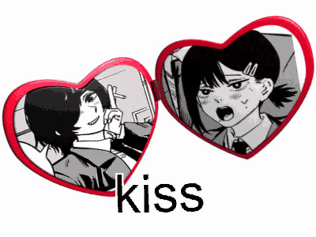 a heart shaped mirror with a picture of a man and a woman and the word kiss below them