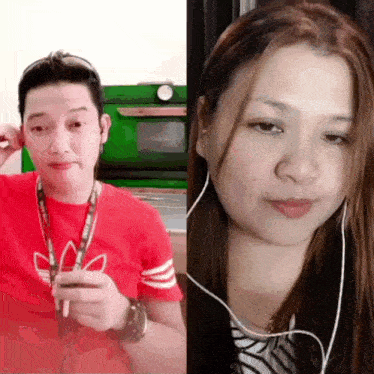 a man and a woman are having a video call with headphones on