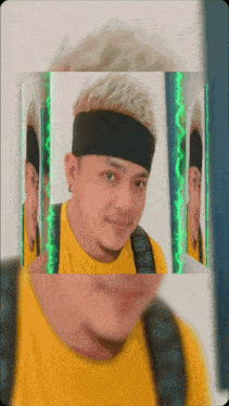 a man wearing a yellow shirt and a black headband is surrounded by other images